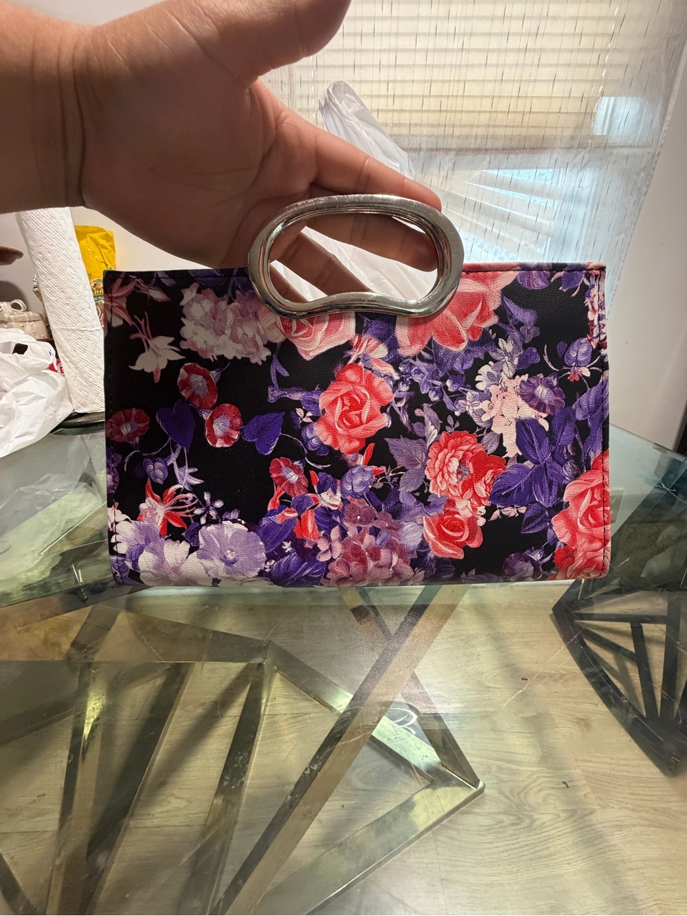 Vintage Floral Evening Clutch Handbag in Black with Pink & Purple Flowers
